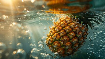 Fresh pineapple half submerged in water with bubbles on golden background