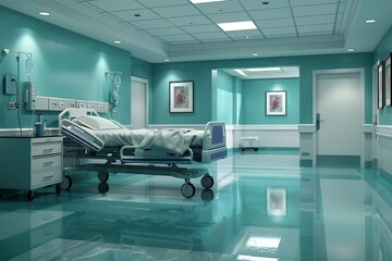 3D illustration of clean medical room, hospital bed, ample copy space, clinical setting