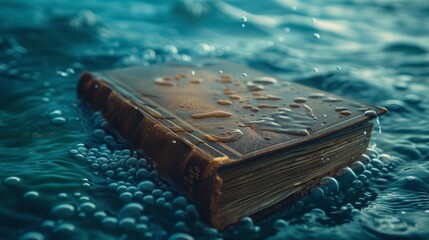 Leather bound book submerged in water with bubbles and droplets creating a surreal scene
