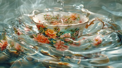 Decorative floral teacup submerged in water with reflections and soft bokeh effect - obrazy, fototapety, plakaty