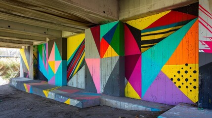 A series of old grey concrete walls brought to life with a rainbow of street art including geometric patterns and pop culture references.