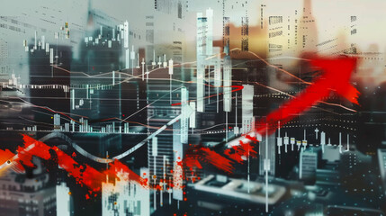Technological hologram over the city panorama. Diagram against the background of the city. Concept for the development of coding and high technology. Double exposure.