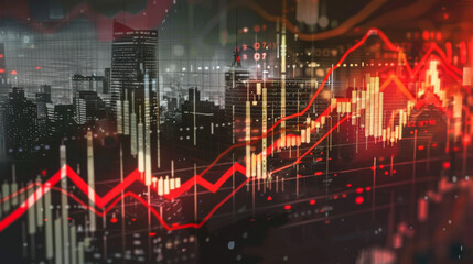 Technological hologram over the city panorama. Diagram against the background of the city. Concept for the development of coding and high technology. Double exposure.