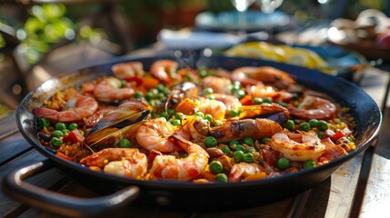 Seafood paella in a black pan with shrimp mussels and fresh vegetables on an outdoor table - obrazy, fototapety, plakaty