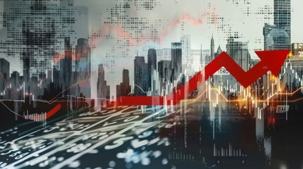 Technological hologram over the city panorama. Diagram against the background of the city. Concept for the development of coding and high technology. Double exposure.