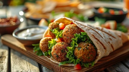 Falafel wrap with lettuce and tomatoes on a wooden board with dips in background
 - obrazy, fototapety, plakaty
