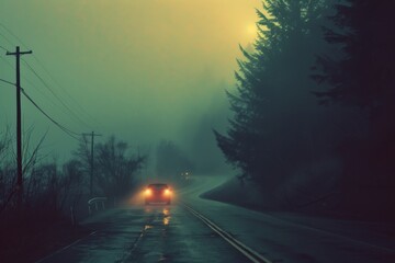 Car headlights on a foggy forest road at dusk - Crepuscular rays break through the fog over a winding road, with oncoming car lights approaching