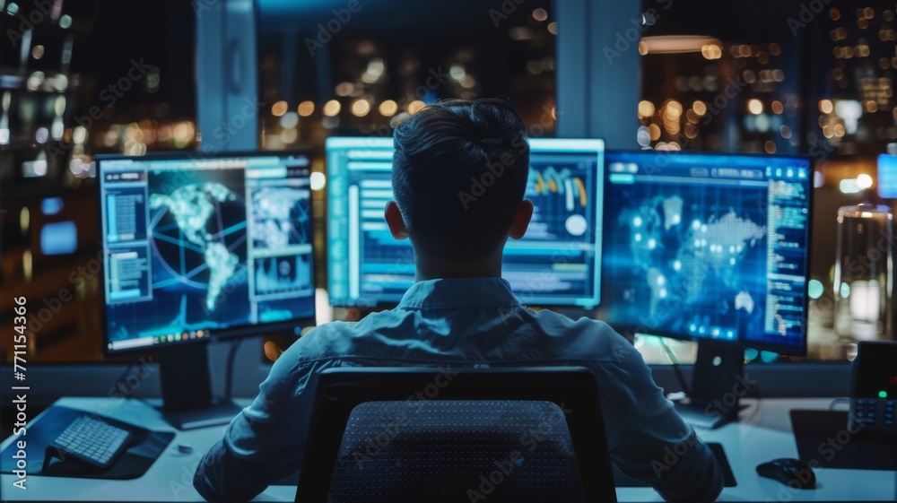 Poster Security analyst monitoring screens in office - A security analyst is focused on monitoring multiple screens filled with data in a high-tech office