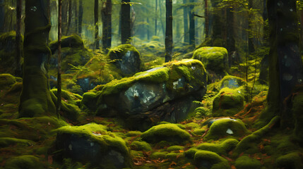 green forest, moss stones - obrazy, fototapety, plakaty