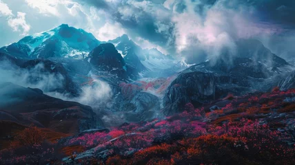 Tuinposter Vivid mountain range with crimson flora under stormy skies - An awe-inspiring mountainous landscape with striking red plants under a tempestuous cloud-filled sky © Tida