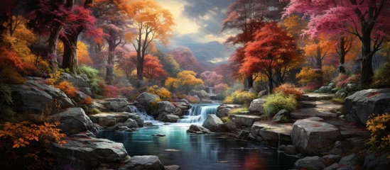 Photo sur Plexiglas Coucher de soleil sur la plage A beautiful painting of a river flowing through a forest, with trees and rocks lining the banks under a cloudy sky, creating a serene natural landscape