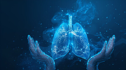 Two human hands are holds human lungs. Support healthy lungs concept. Wireframe glowing low poly design on dark blue background. generative ai  - obrazy, fototapety, plakaty