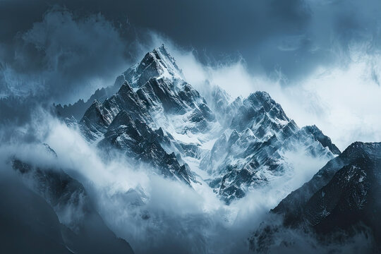 Fototapeta Mysterious clouds over mountains in Alaska. Snowy mountains surrounded by clouds, with dark blue and white tones, in a top view with backlighting, using high contrast with a telephoto lens. 