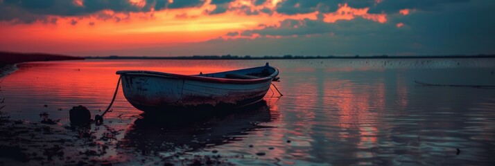 Sunset over a calm lake with a solitary boat - The tranquility of a quiet lake at sunset, with a single boat moored on the shore, reflecting a peaceful end to the day - obrazy, fototapety, plakaty
