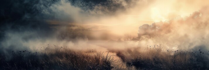 Misty sunrise over a tranquil countryside - A serene panoramic scene captures the beauty of a misty sunrise with wildflowers and gentle rays breaking through