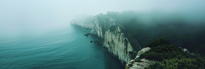 Foggy cliffs along a hushed oceanfront - A quiet and misty seascape with towering cliffs fading into the fog, evoking a sense of mystery and calmness