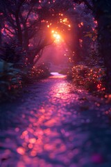 Enchanted Path in Autumnal Woodland at Dusk Aglow with Magical Lights