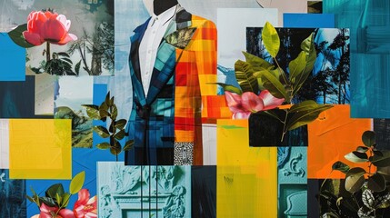 Avant-Garde Collage Merging Suits with Colorful Geometric Shapes and Natural Elements