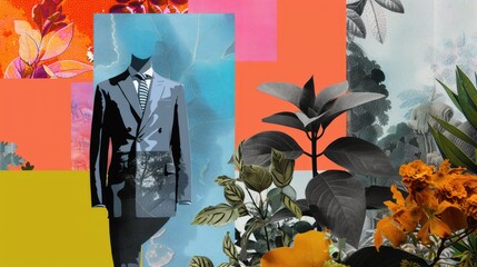 Avant-Garde Collage Merging Suits with Colorful Geometric Shapes and Natural Elements