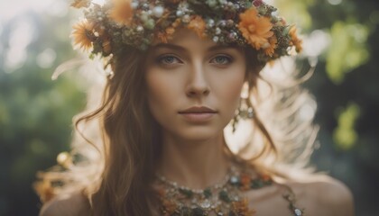 Fototapeta premium a girl adorned with jewelry made of living flowers and leaves, conveying the beauty and transience of nature.