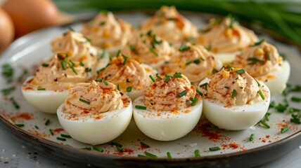 A plate of deviled eggs with paprika and chives - obrazy, fototapety, plakaty