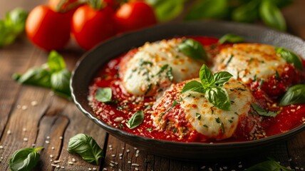 A plate of eggplant Parmesan with melted mozzarella and basil - obrazy, fototapety, plakaty
