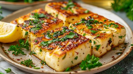 A plate of grilled halloumi cheese with a lemon wedge and fresh herbs - obrazy, fototapety, plakaty