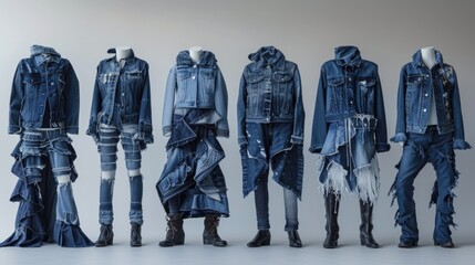 Unique Denim Fashion Collection Displayed on Mannequins with Modern Deconstructed Style