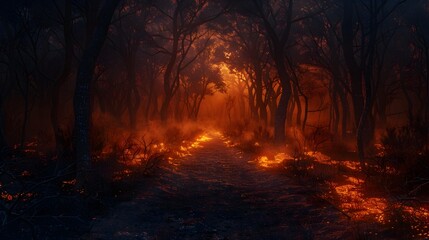 Enchanting Pathway through Ominous Autumn Forest Ablaze with Fiery Glow and Mysterious Shadows