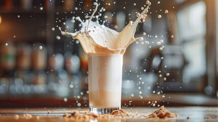 A scoop of whey protein powder splashing into a shaker of milk - obrazy, fototapety, plakaty