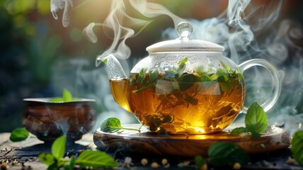 A steaming pot of herbal tea with leaves swirling around - obrazy, fototapety, plakaty