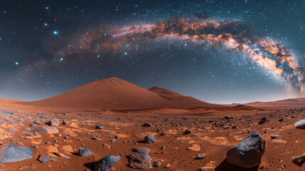 Desert landscape with a large rock in the foreground and a large star in the background. The sky is...
