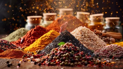 Fotobehang A vibrant explosion of assorted spices over a wooden table © Anuwat