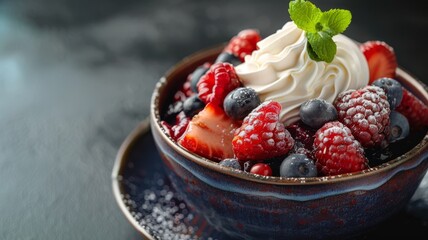 A bowl of mixed berry compote with a dollop of whipped cream