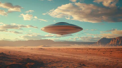 Enigmatic Encounter:A Conceptual Depiction of the Roswell Incident against a Vibrant Mediterranean-Inspired Landscape