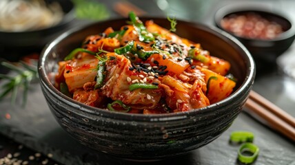 A bowl of spicy Korean kimchi with chopsticks on the side