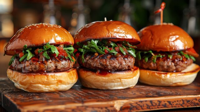 A gourmet slider burger trio with different toppings