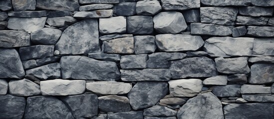 Fototapeta premium Closeup of a grey stone wall made of large bedrock rectangular stones, commonly used as building material for walls, flooring, and road surfaces
