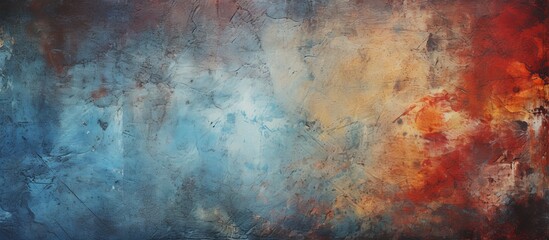 A close up of a painting with an electric blue and red background, showcasing a beautiful pattern of tints and shades inspired by meteorological phenomena