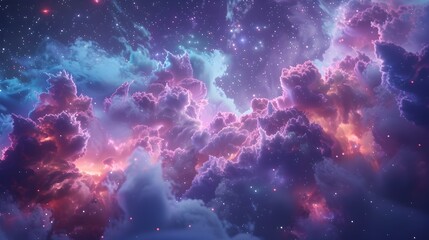 Ethereal Cosmic Spectacle of Vibrant Celestial Clouds and Luminous Stars in a Mysterious Galactic Panorama - obrazy, fototapety, plakaty