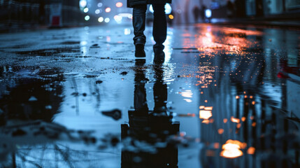 A lone figure walking down a wet city street at night their reflection distorted and elongated in a puddle due to the moons reflection. . .