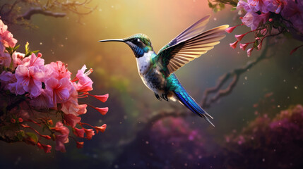 Delightfully beautiful bird hummingbird in flight over flowering