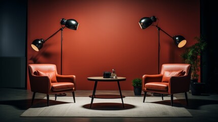 A sleek interview setup with two designer chairs and studio lighting  AI generated illustration
