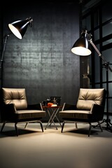 A sleek interview setup with two designer chairs and studio lighting  AI generated illustration