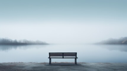 A solitary bench overlooking a fog-covered lake creating a peaceful and contemplative minimalist scene AI generated illustration - obrazy, fototapety, plakaty