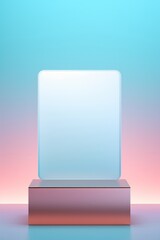 A sleek square podium on an abstract pastel blue and white gradient background  AI generated illustration