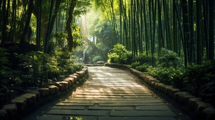 A sunlit path cutting through a dense bamboo forest creating a tranquil and minimalist image of vibrant greenery  AI generated illustration - obrazy, fototapety, plakaty