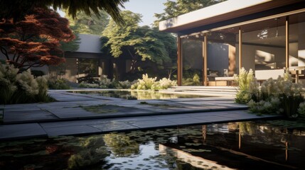 Obraz premium A tranquil backyard with a reflecting pool AI generated illustration