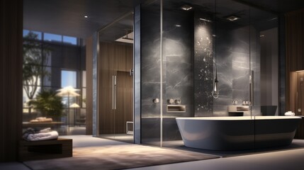 A visualization of a luxurious modern spa bathroom with accents of marble and an indulgent steam shower  AI generated illustration