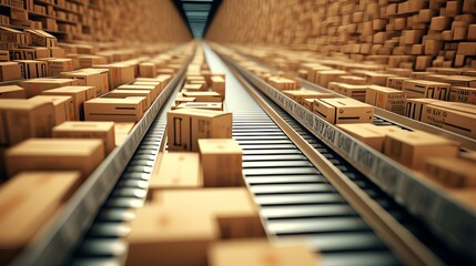 A vivid depiction of a row of cardboard boxes moving endlessly on a conveyor belt AI generated illustration